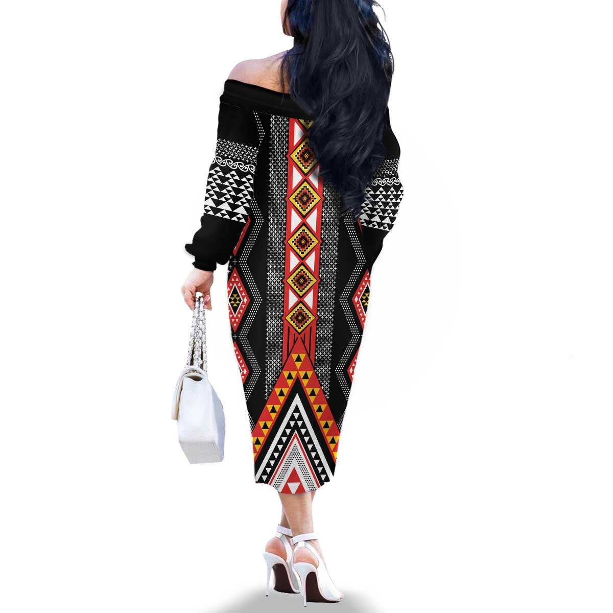 Niho Taniwha Taniko Motif Family Matching Off The Shoulder Long Sleeve Dress and Hawaiian Shirt