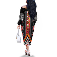 Niho Taniwha Taniko Motif Family Matching Off The Shoulder Long Sleeve Dress and Hawaiian Shirt