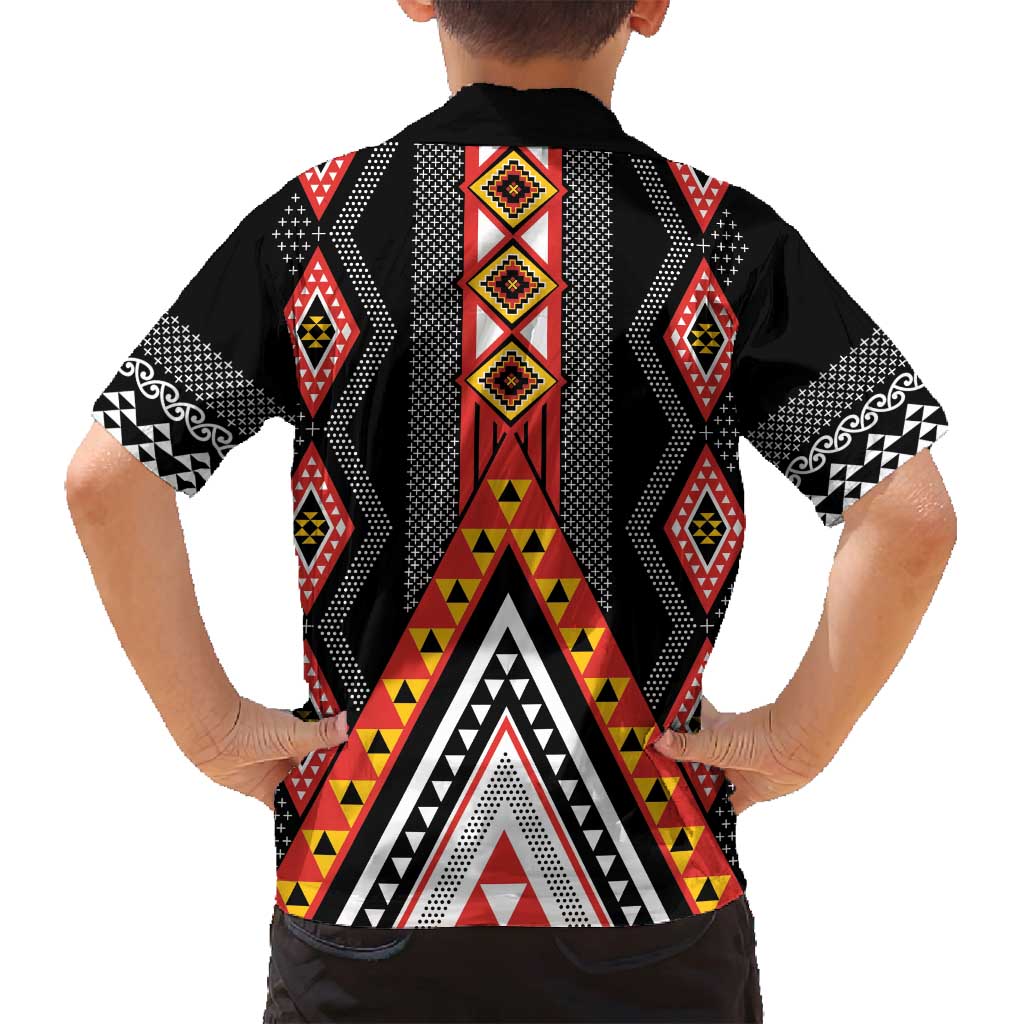 Niho Taniwha Taniko Motif Family Matching Off Shoulder Maxi Dress and Hawaiian Shirt