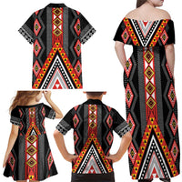 Niho Taniwha Taniko Motif Family Matching Off Shoulder Maxi Dress and Hawaiian Shirt