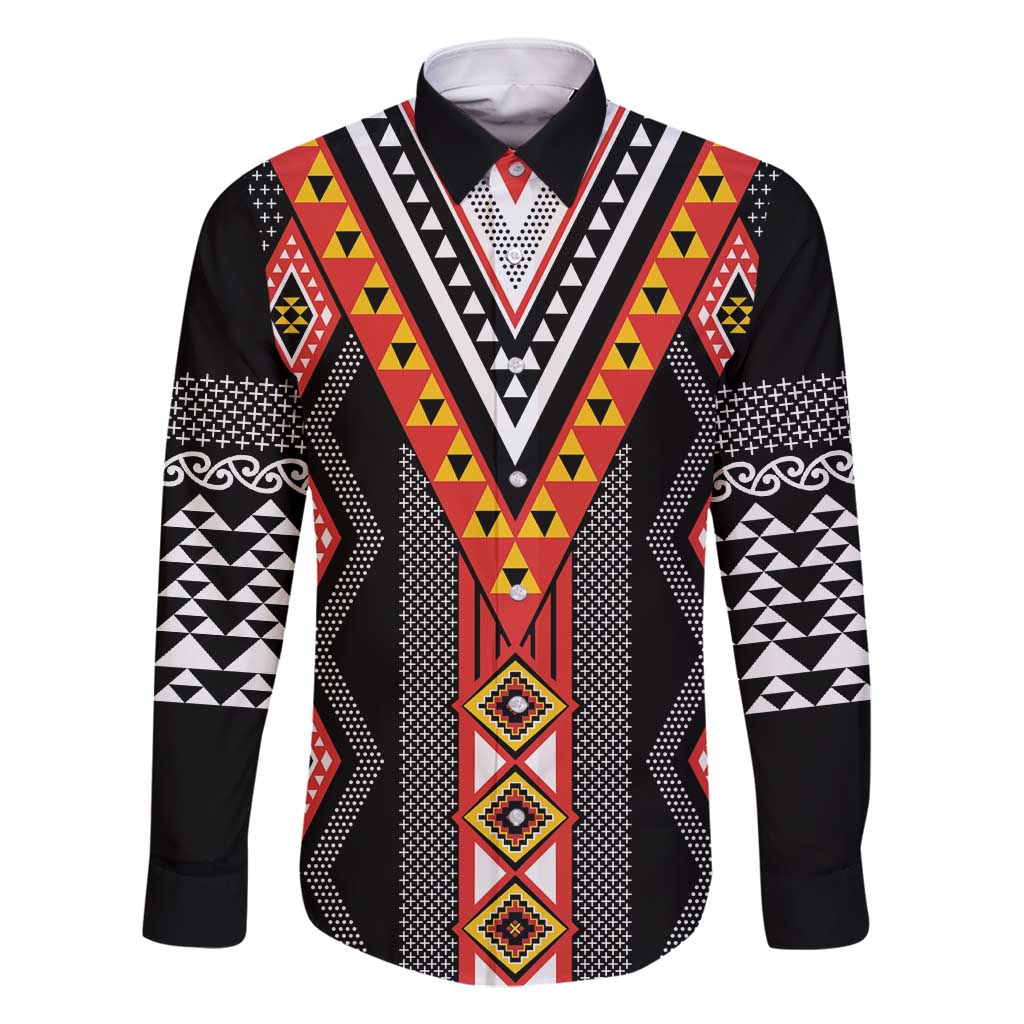 Niho Taniwha Taniko Motif Family Matching Off Shoulder Maxi Dress and Hawaiian Shirt