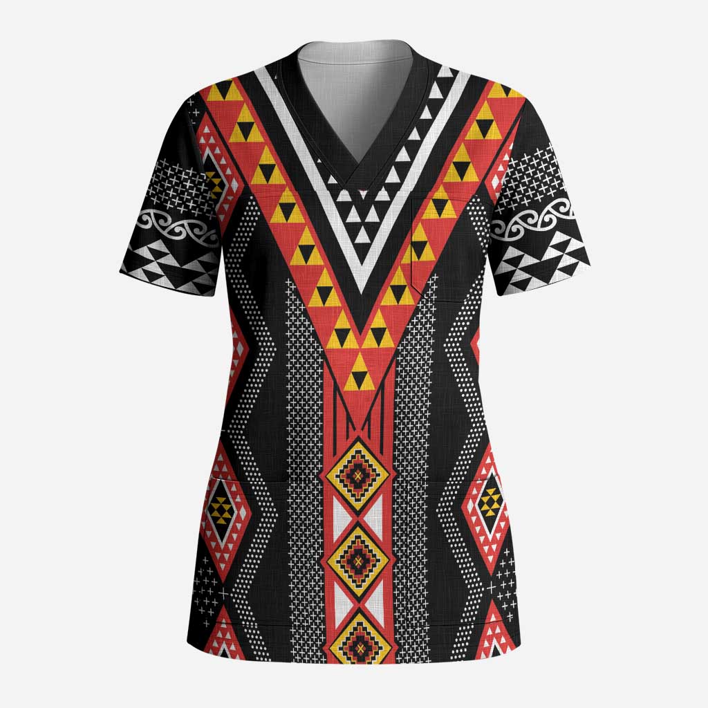 Niho Taniwha Taniko Motif Scrub Top LT9 Adult Red - Polynesian Pride