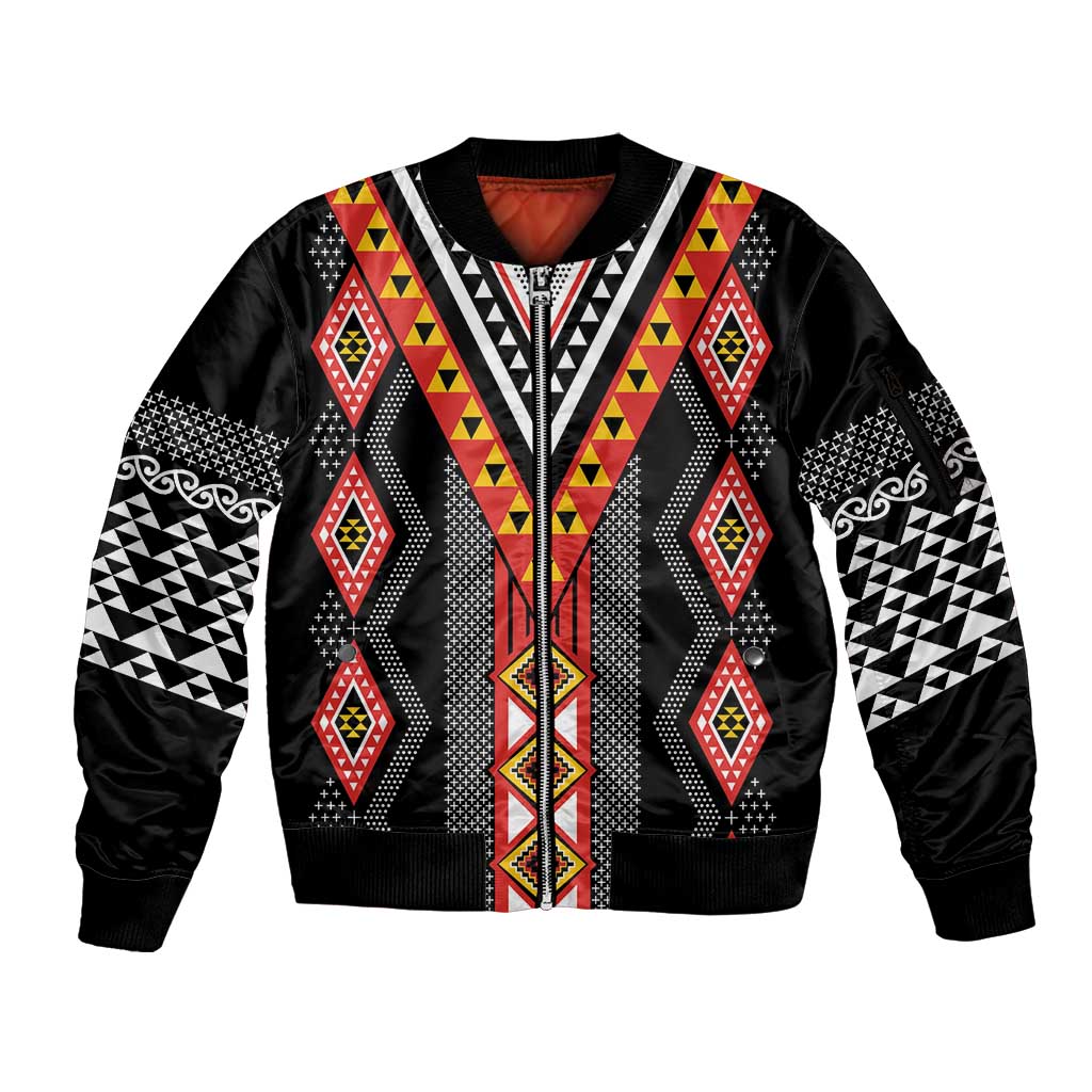 Niho Taniwha Taniko Motif Sleeve Zip Bomber Jacket
