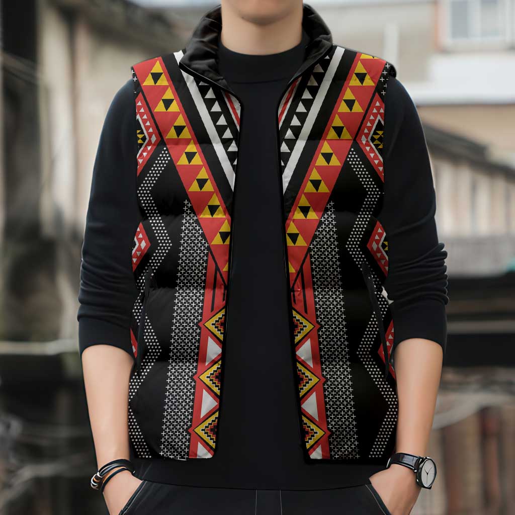 Niho Taniwha Taniko Motif Sleeveless Puffer Jacket - Polynesian Pride