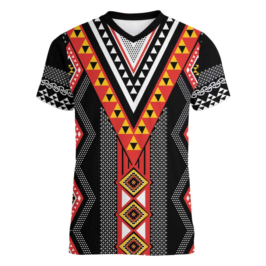 Niho Taniwha Taniko Motif Women V-Neck T-Shirt