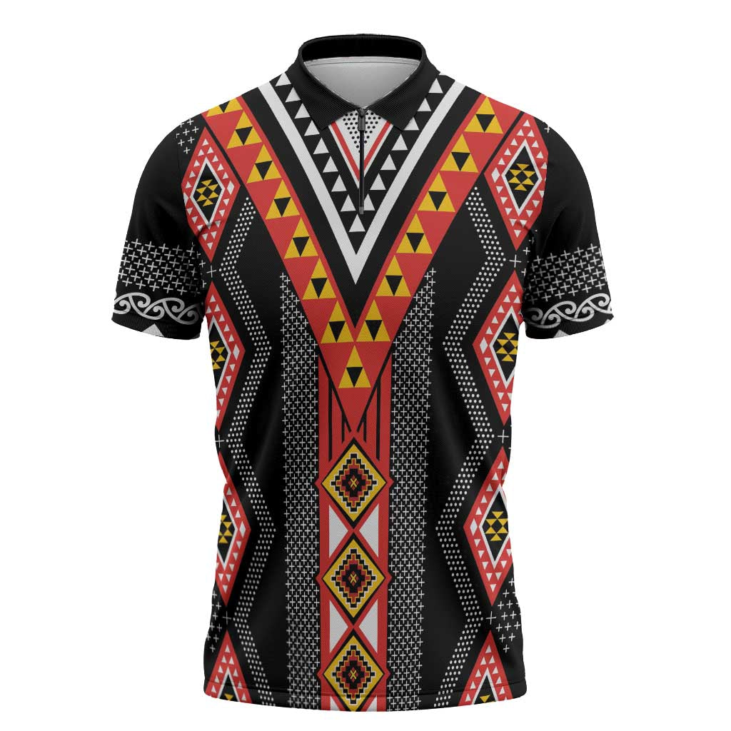 Niho Taniwha Taniko Motif Zipper Polo Shirt - Polynesian Pride