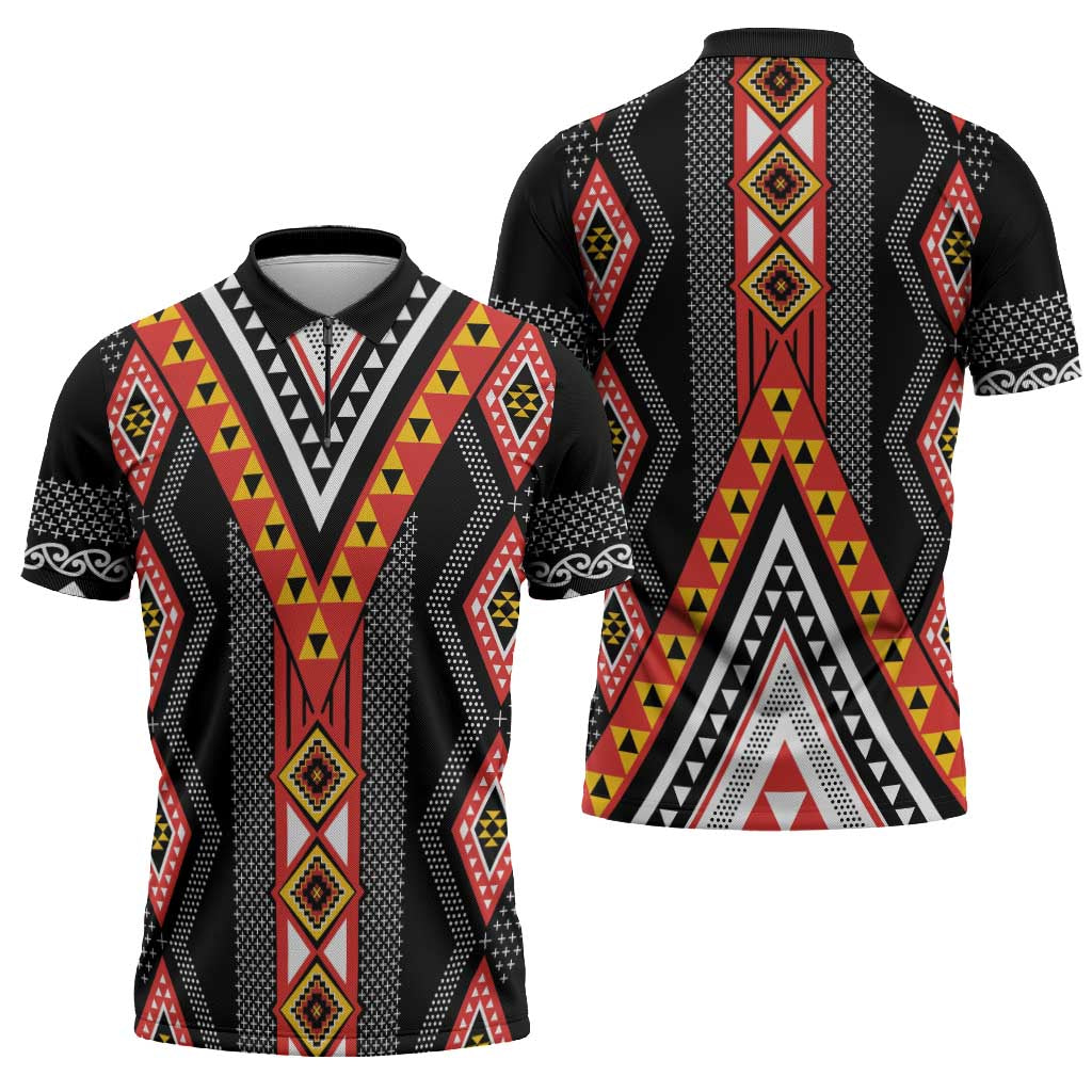 Niho Taniwha Taniko Motif Zipper Polo Shirt - Polynesian Pride