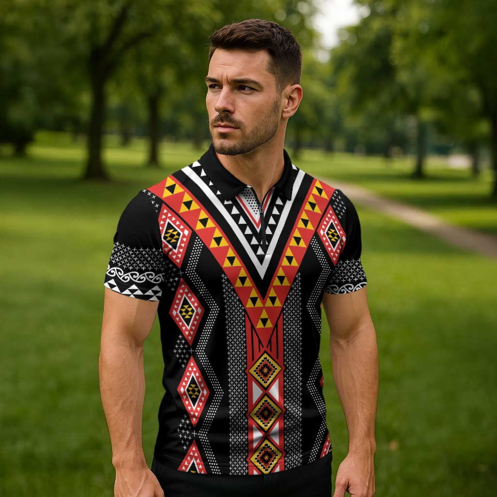Niho Taniwha Taniko Motif Zipper Polo Shirt - Polynesian Pride
