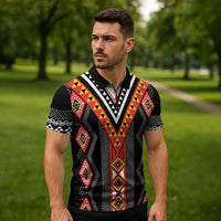 Niho Taniwha Taniko Motif Zipper Polo Shirt - Polynesian Pride