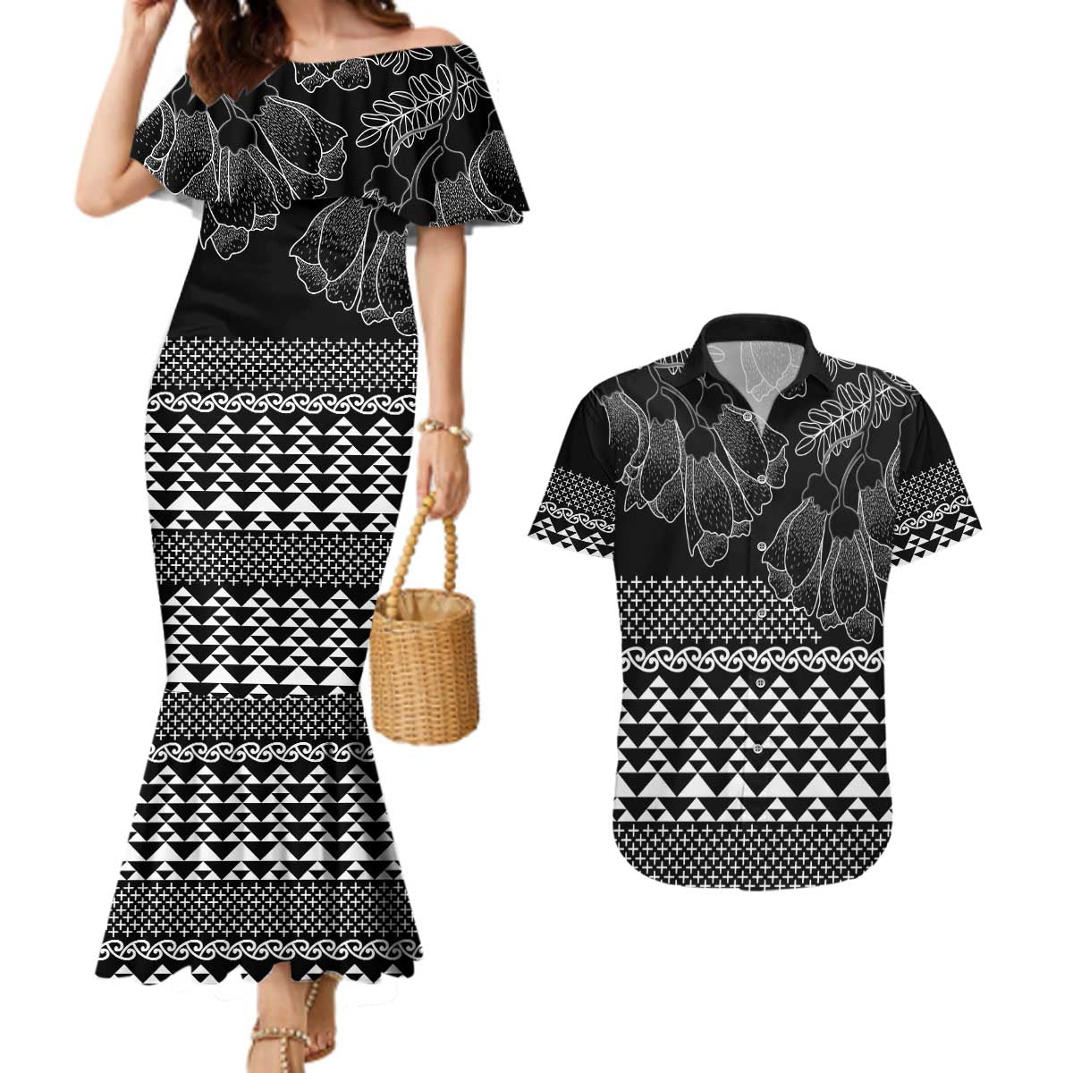 Black Taniko Kowhaiwhai Tukutuku Motif Couples Matching Mermaid Dress and Hawaiian Shirt LT9 Black - Polynesian Pride