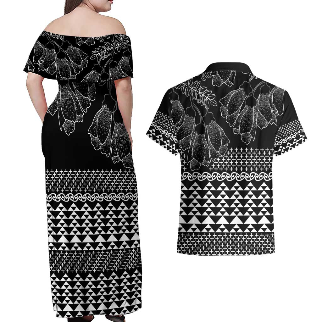 Black Taniko Kowhaiwhai Tukutuku Motif Couples Matching Off Shoulder Maxi Dress and Hawaiian Shirt