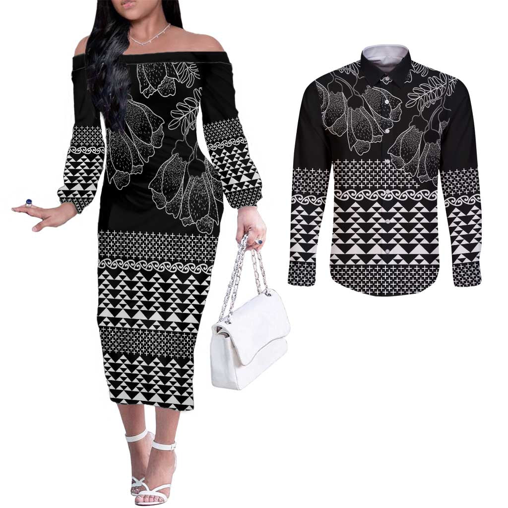 Black Taniko Kowhaiwhai Tukutuku Motif Couples Matching Off The Shoulder Long Sleeve Dress and Long Sleeve Button Shirt LT9 Black - Polynesian Pride