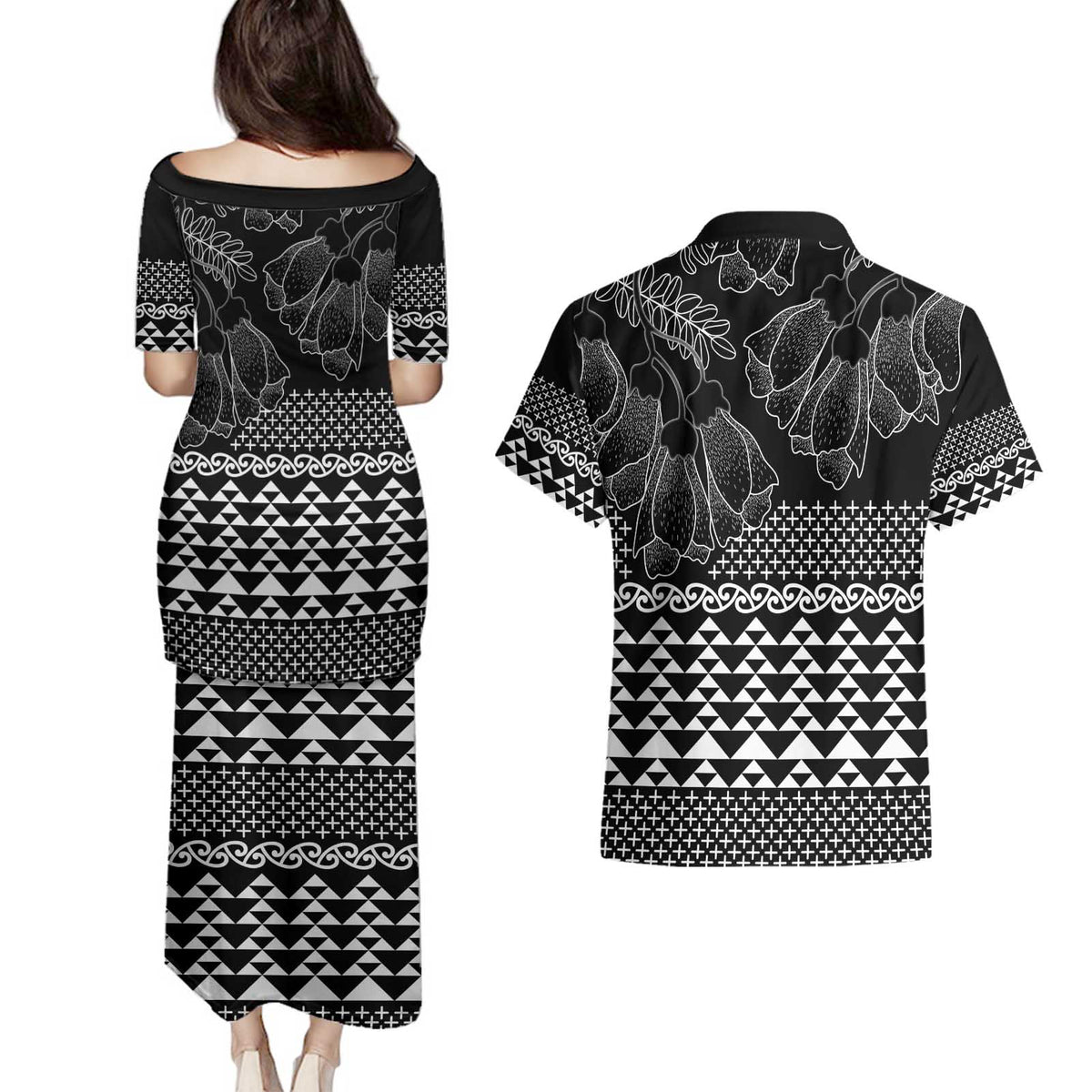 Black Taniko Kowhaiwhai Tukutuku Motif Couples Matching Puletasi and Hawaiian Shirt
