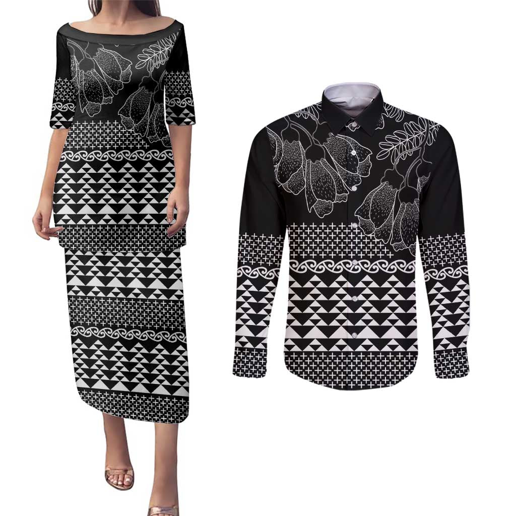 Black Taniko Kowhaiwhai Tukutuku Motif Couples Matching Puletasi and Long Sleeve Button Shirt