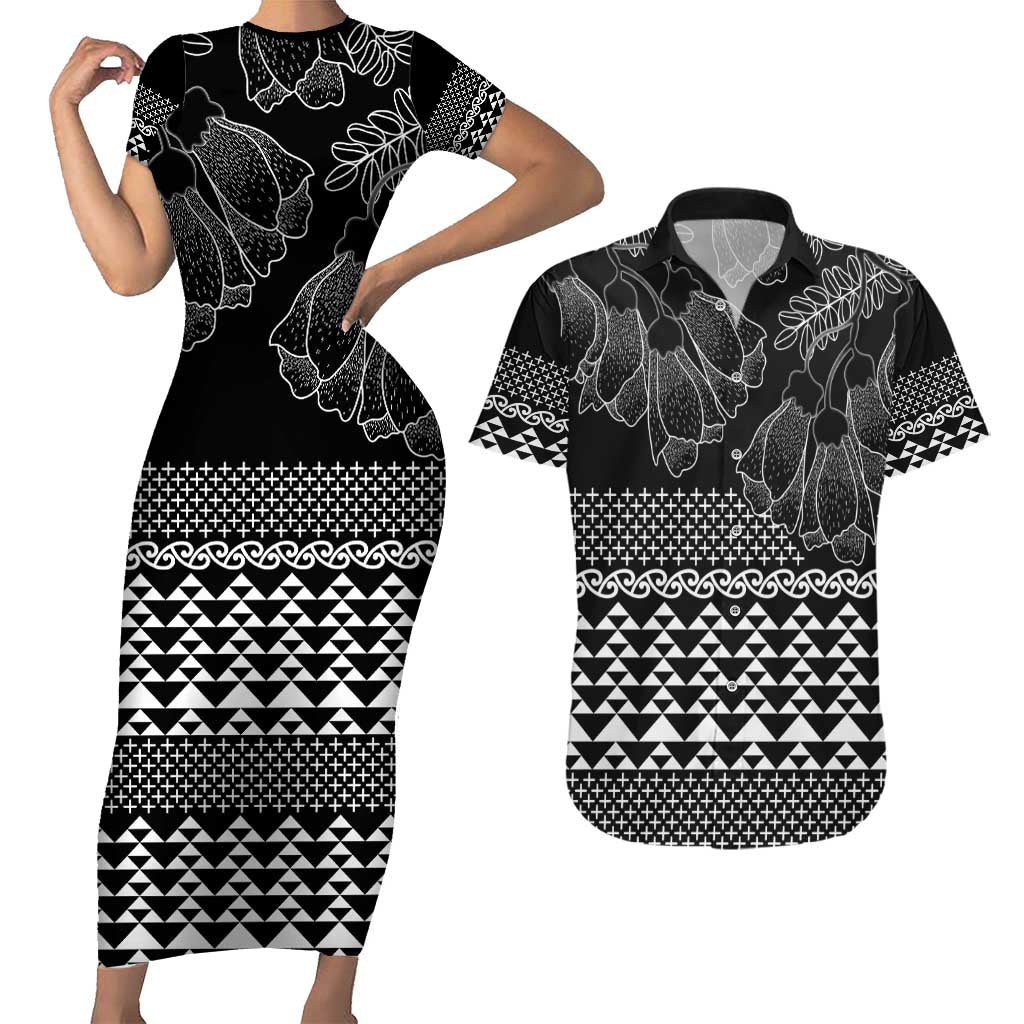 Black Taniko Kowhaiwhai Tukutuku Motif Couples Matching Short Sleeve Bodycon Dress and Hawaiian Shirt