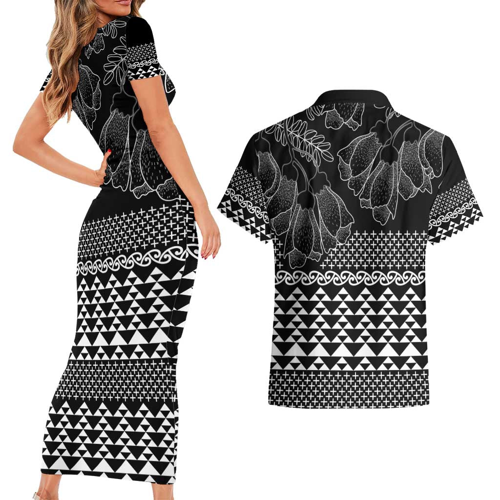 Black Taniko Kowhaiwhai Tukutuku Motif Couples Matching Short Sleeve Bodycon Dress and Hawaiian Shirt