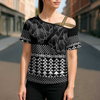 Black Taniko Kowhaiwhai Tukutuku Motif Cross Shoulder Shirt - Polynesian Pride