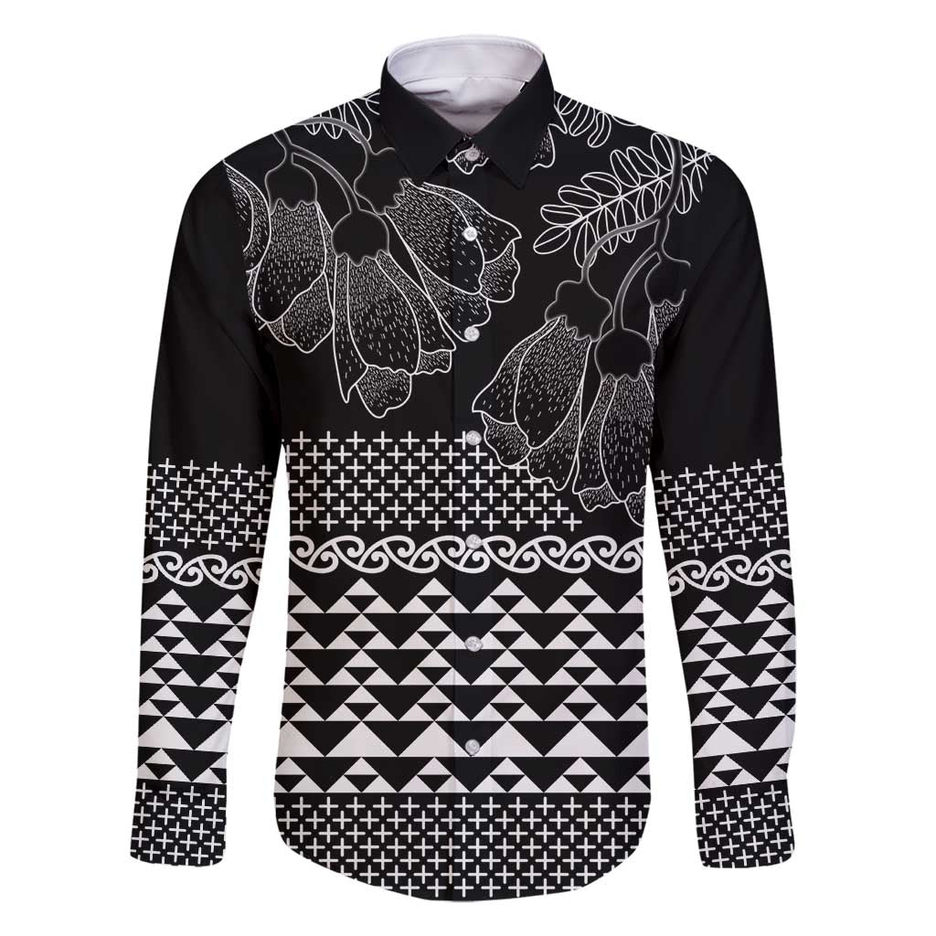 Black Taniko Kowhaiwhai Tukutuku Motif Family Matching Mermaid Dress and Hawaiian Shirt LT9 Dad's Shirt - Long Sleeve Black - Polynesian Pride