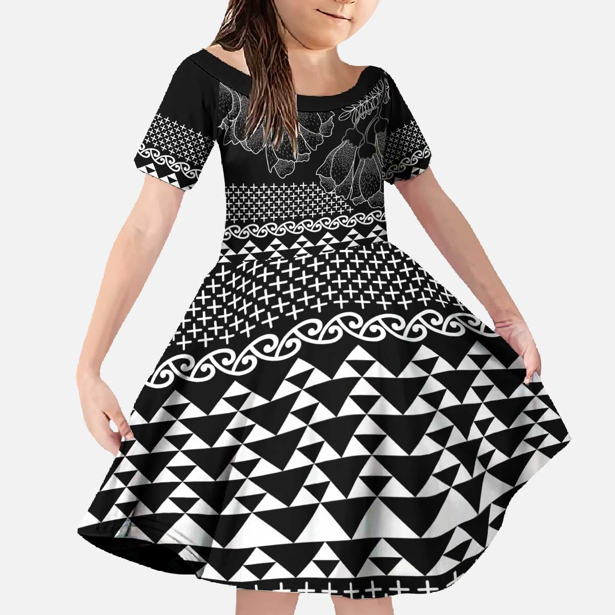 Black Taniko Kowhaiwhai Tukutuku Motif Family Matching Off The Shoulder Long Sleeve Dress and Hawaiian Shirt