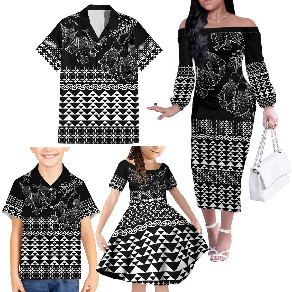 Black Taniko Kowhaiwhai Tukutuku Motif Family Matching Off The Shoulder Long Sleeve Dress and Hawaiian Shirt