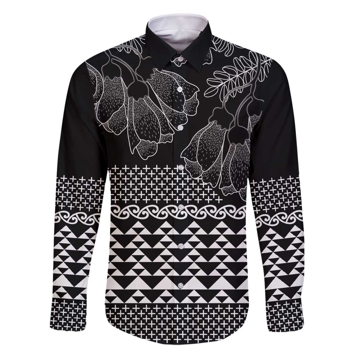 Black Taniko Kowhaiwhai Tukutuku Motif Family Matching Off The Shoulder Long Sleeve Dress and Hawaiian Shirt