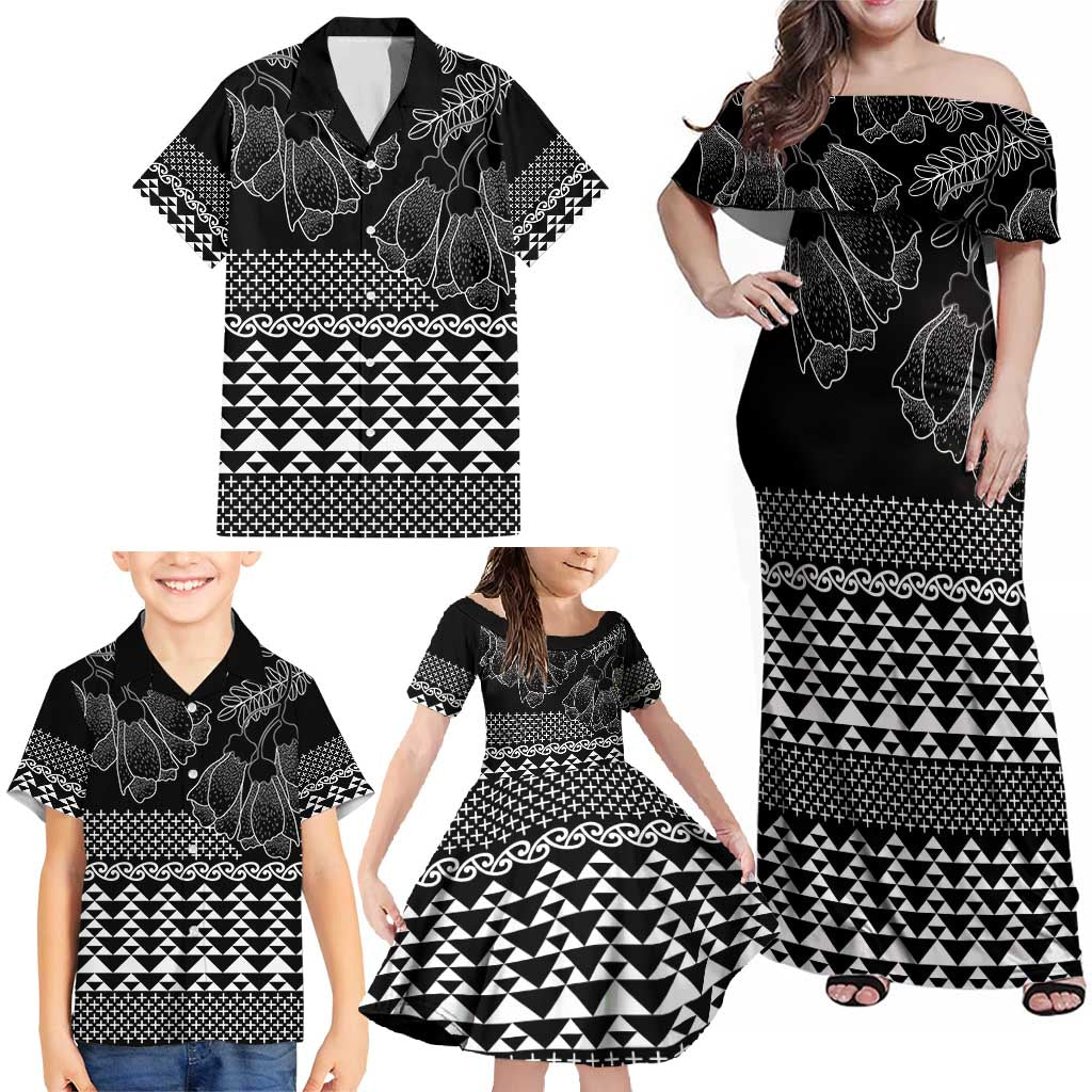 Black Taniko Kowhaiwhai Tukutuku Motif Family Matching Off Shoulder Maxi Dress and Hawaiian Shirt