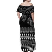 Black Taniko Kowhaiwhai Tukutuku Motif Family Matching Off Shoulder Maxi Dress and Hawaiian Shirt