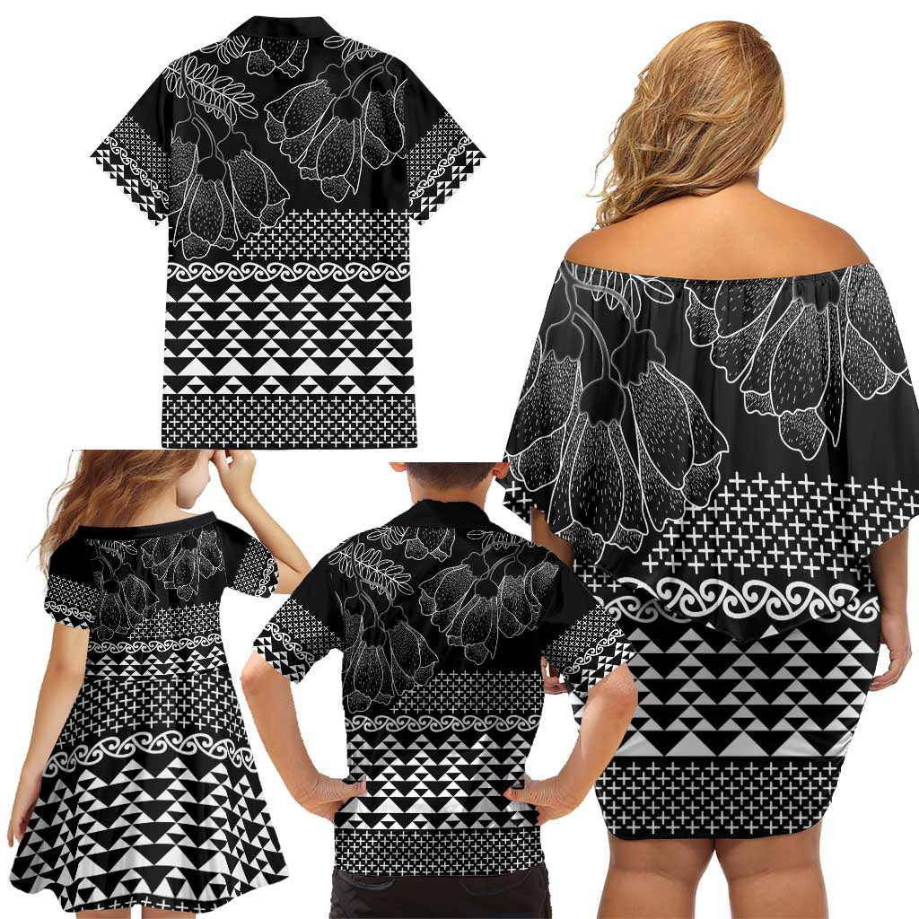 Black Taniko Kowhaiwhai Tukutuku Motif Family Matching Off Shoulder Short Dress and Hawaiian Shirt