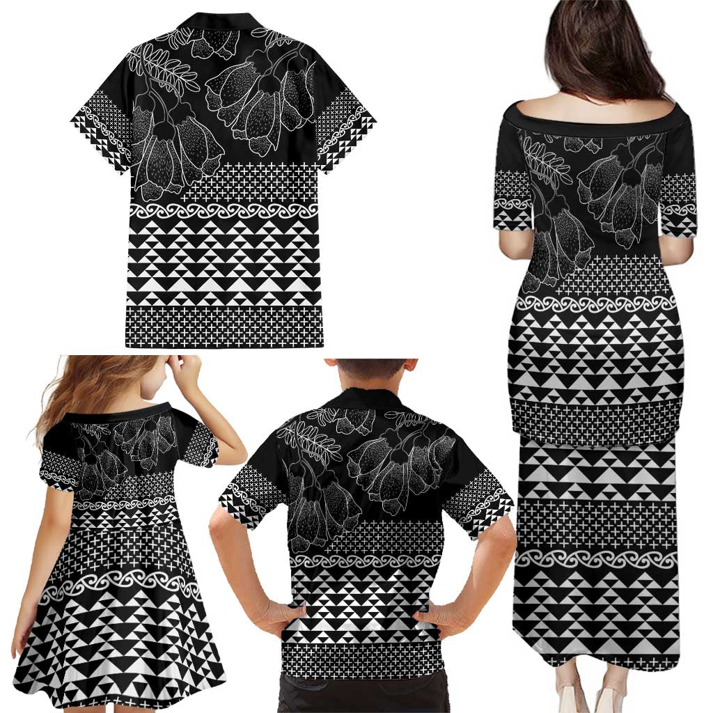 Black Taniko Kowhaiwhai Tukutuku Motif Family Matching Puletasi and Hawaiian Shirt