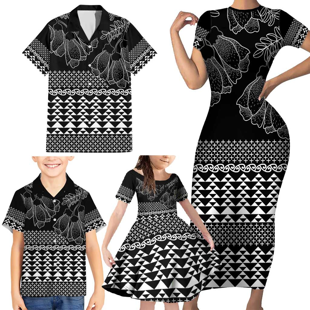 Black Taniko Kowhaiwhai Tukutuku Motif Family Matching Short Sleeve Bodycon Dress and Hawaiian Shirt