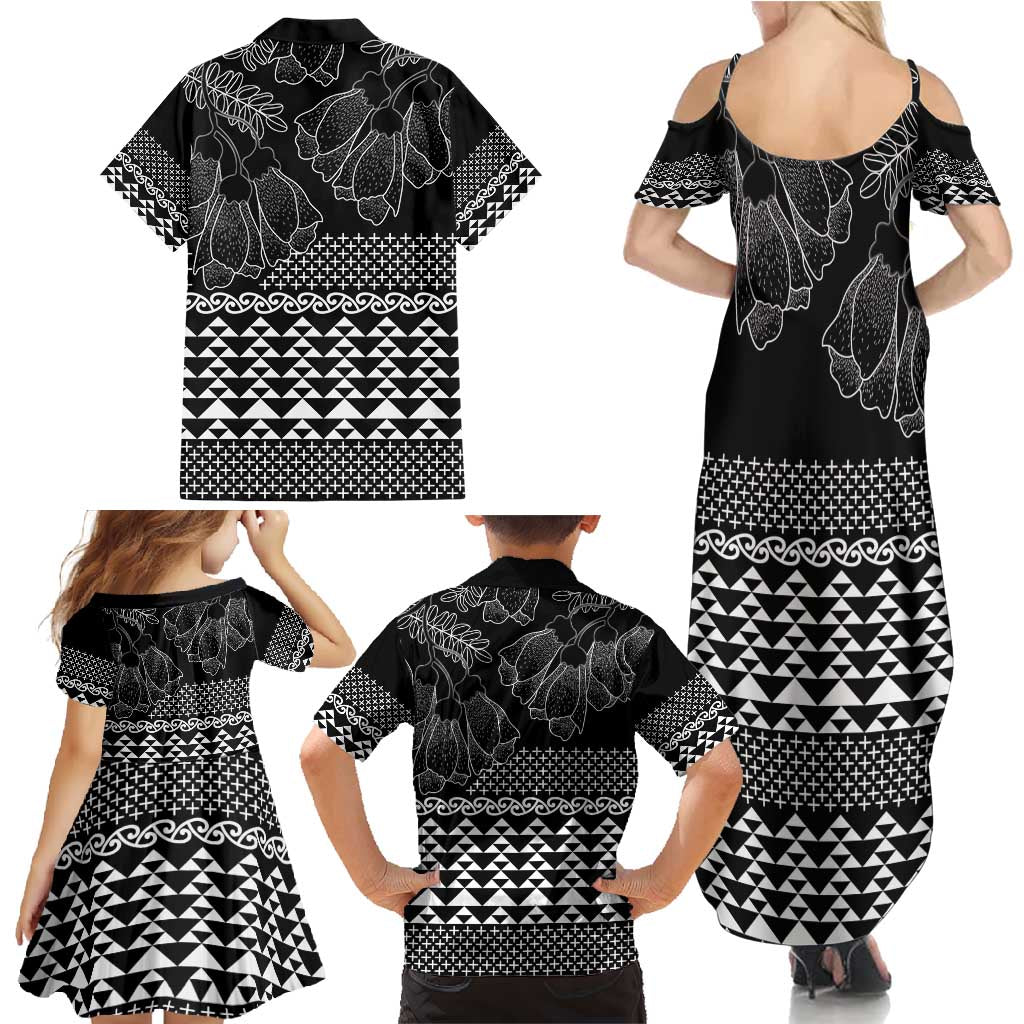 Black Taniko Kowhaiwhai Tukutuku Motif Family Matching Summer Maxi Dress and Hawaiian Shirt