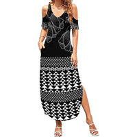 Black Taniko Kowhaiwhai Tukutuku Motif Family Matching Summer Maxi Dress and Hawaiian Shirt