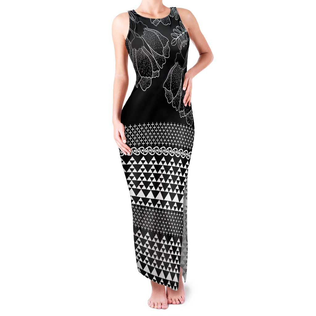 Black Taniko Kowhaiwhai Tukutuku Motif Family Matching Tank Maxi Dress and Hawaiian Shirt