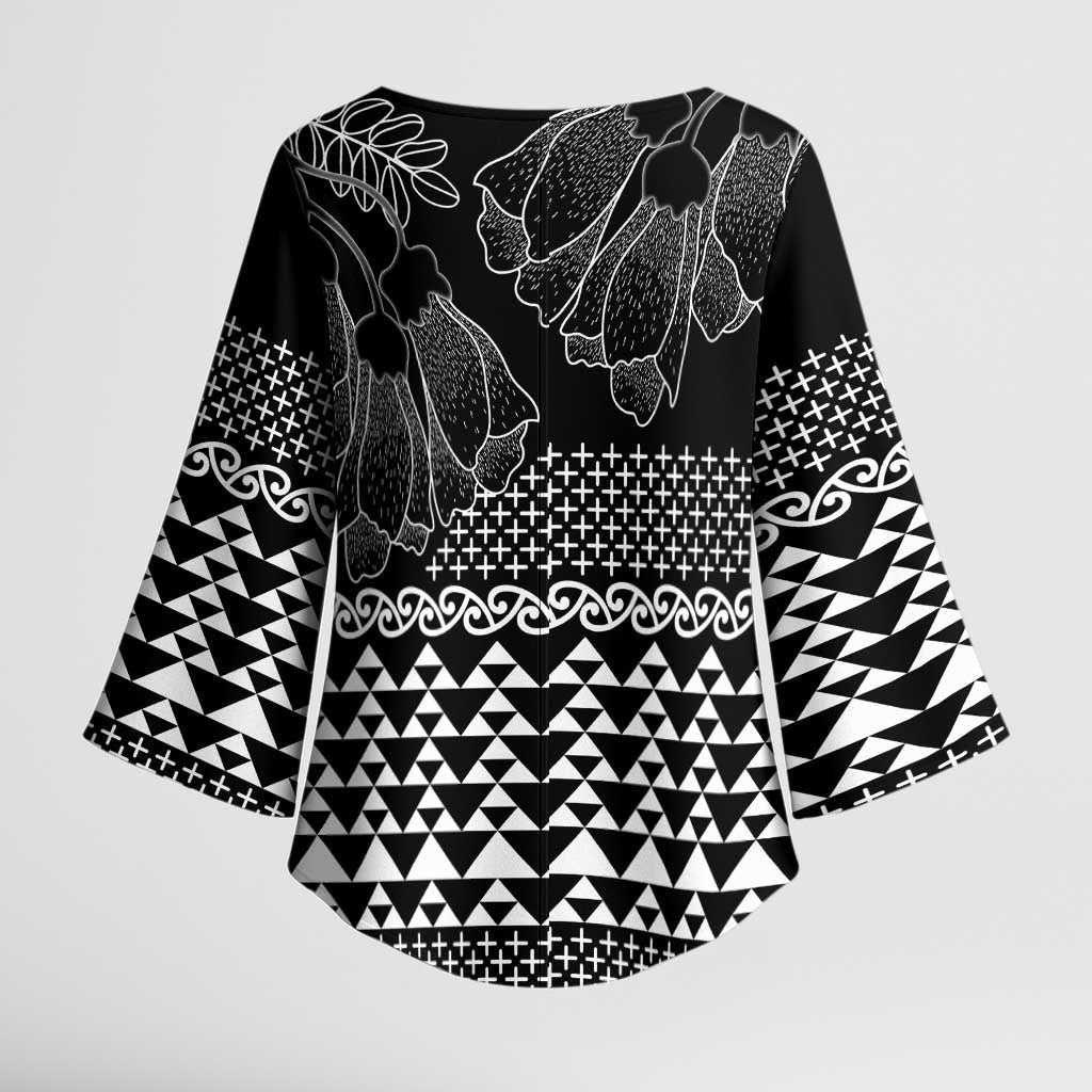 Black Taniko Kowhaiwhai Tukutuku Motif Kimono Sleeve Blouse - Polynesian Pride