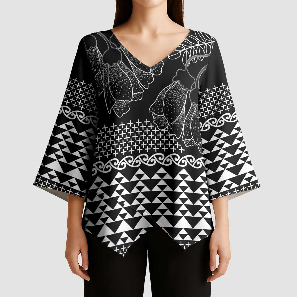 Black Taniko Kowhaiwhai Tukutuku Motif Kimono Sleeve Blouse - Polynesian Pride