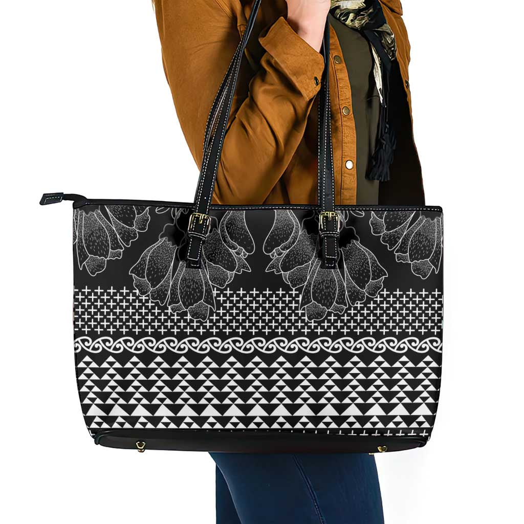 Black Taniko Kowhaiwhai Tukutuku Motif Leather Tote Bag