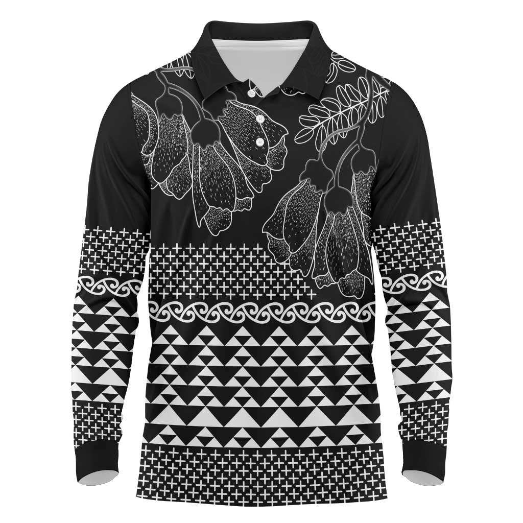Black Taniko Kowhaiwhai Tukutuku Motif Long Sleeve Polo Shirt LT9 Black - Polynesian Pride