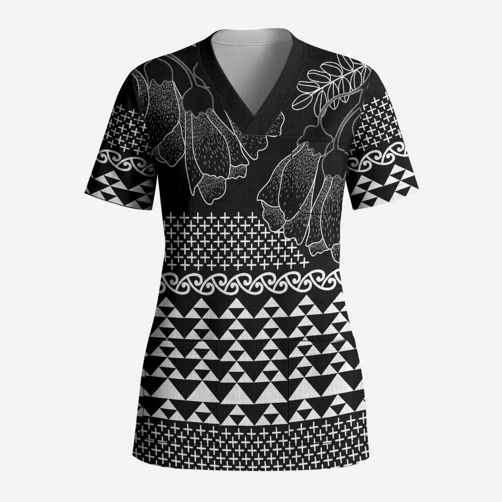 Black Taniko Kowhaiwhai Tukutuku Motif Scrub Top LT9 Adult Black - Polynesian Pride