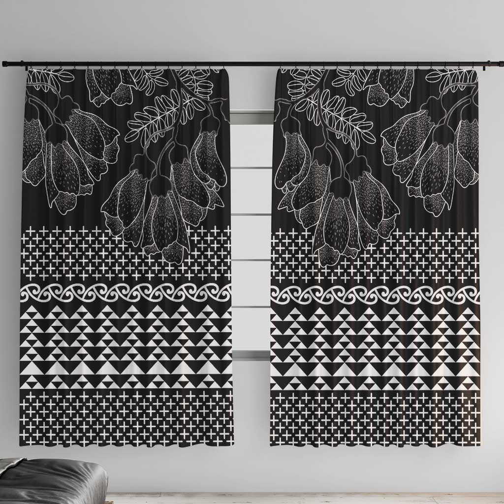Black Taniko Kowhaiwhai Tukutuku Motif Window Curtain LT9 With Hooks Black - Polynesian Pride