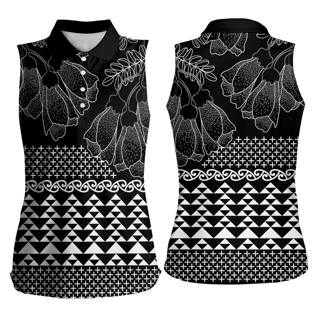 Black Taniko Kowhaiwhai Tukutuku Motif Women Sleeveless Polo Shirt
