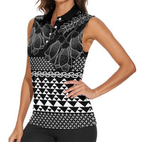 Black Taniko Kowhaiwhai Tukutuku Motif Women Sleeveless Polo Shirt