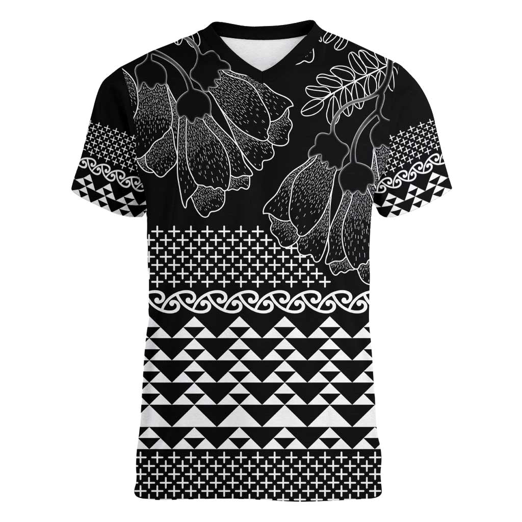 Black Taniko Kowhaiwhai Tukutuku Motif Women V-Neck T-Shirt
