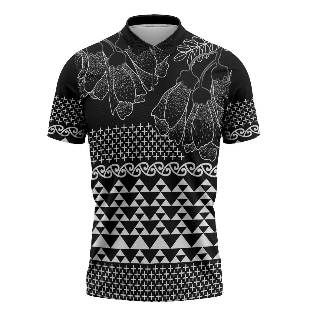 Black Taniko Kowhaiwhai Tukutuku Motif Zipper Polo Shirt - Polynesian Pride