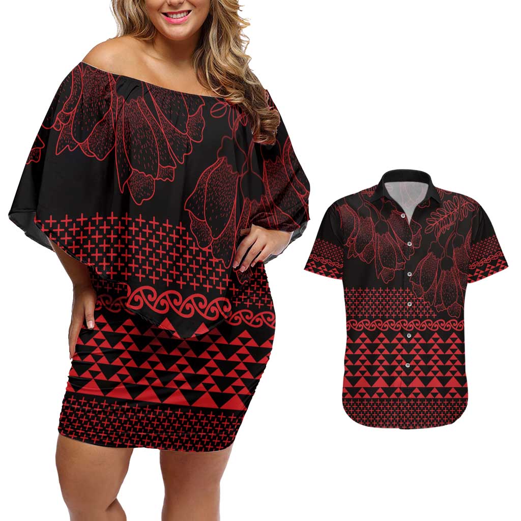 Red Taniko Kowhaiwhai Tukutuku Motif Couples Matching Off Shoulder Short Dress and Hawaiian Shirt