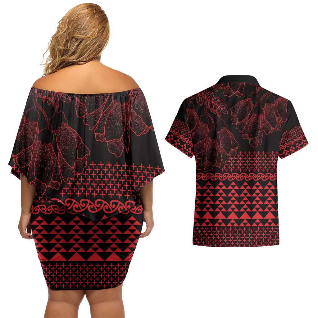 Red Taniko Kowhaiwhai Tukutuku Motif Couples Matching Off Shoulder Short Dress and Hawaiian Shirt