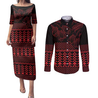 Red Taniko Kowhaiwhai Tukutuku Motif Couples Matching Puletasi and Long Sleeve Button Shirt LT9 Red - Polynesian Pride
