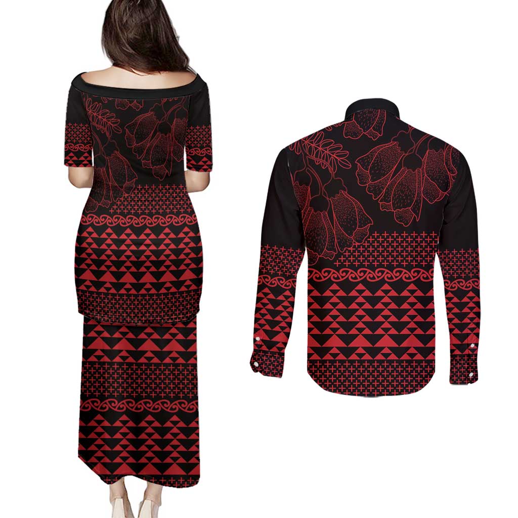 Red Taniko Kowhaiwhai Tukutuku Motif Couples Matching Puletasi and Long Sleeve Button Shirt LT9 - Polynesian Pride