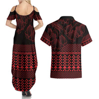Red Taniko Kowhaiwhai Tukutuku Motif Couples Matching Summer Maxi Dress and Hawaiian Shirt