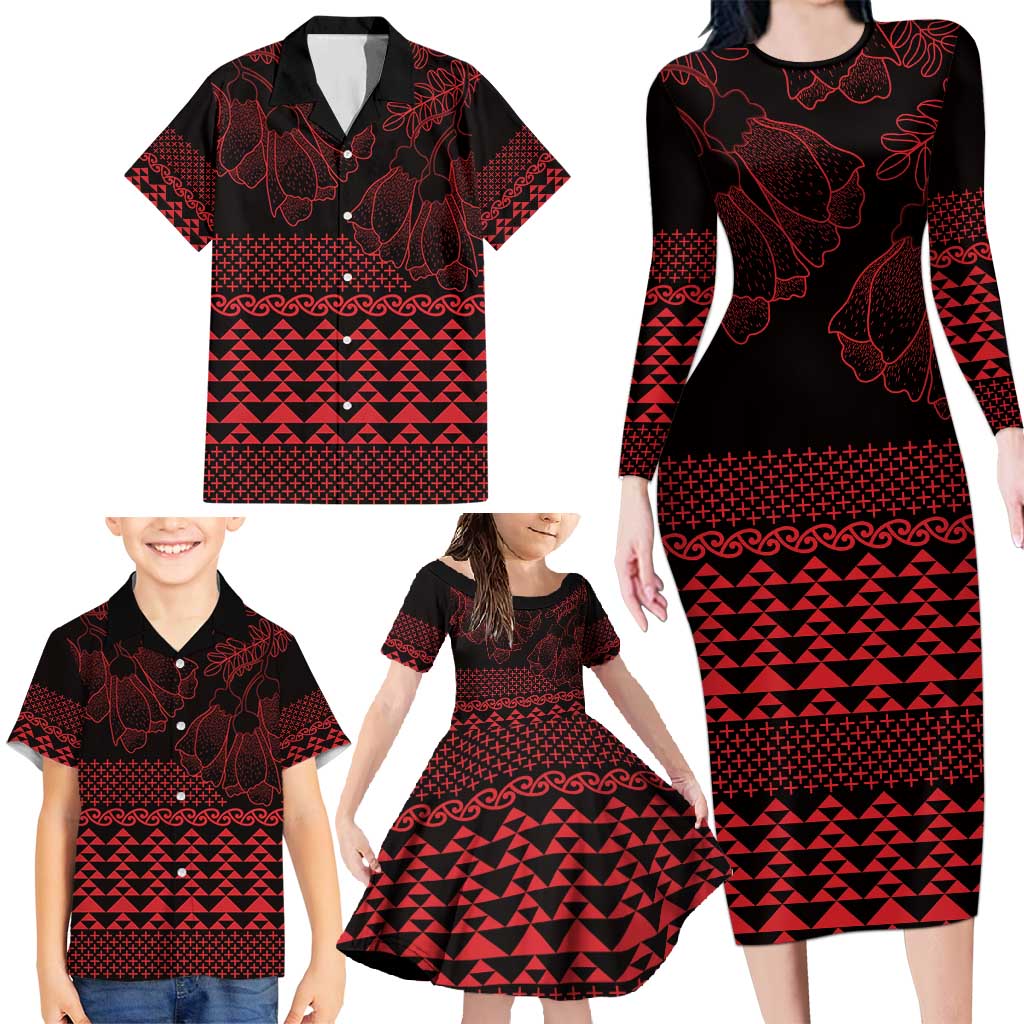 Red Taniko Kowhaiwhai Tukutuku Motif Family Matching Long Sleeve Bodycon Dress and Hawaiian Shirt
