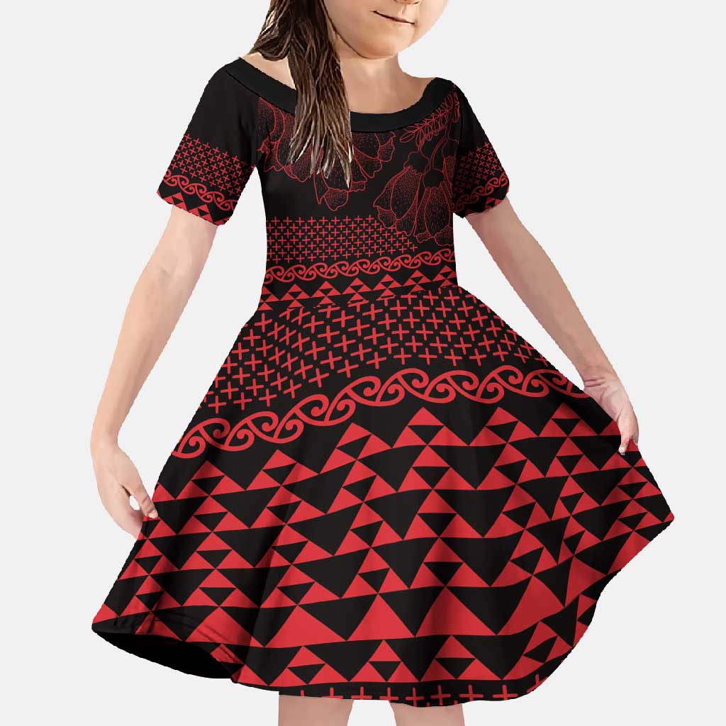 Red Taniko Kowhaiwhai Tukutuku Motif Family Matching Mermaid Dress and Hawaiian Shirt LT9 Daughter's Dress Red - Polynesian Pride